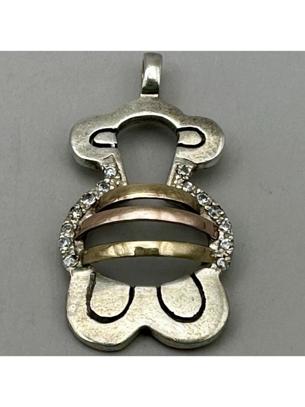 Teddy Bear Pendant Signed JIM 18K Gold Clear Crystals Sterling Silver Vintage